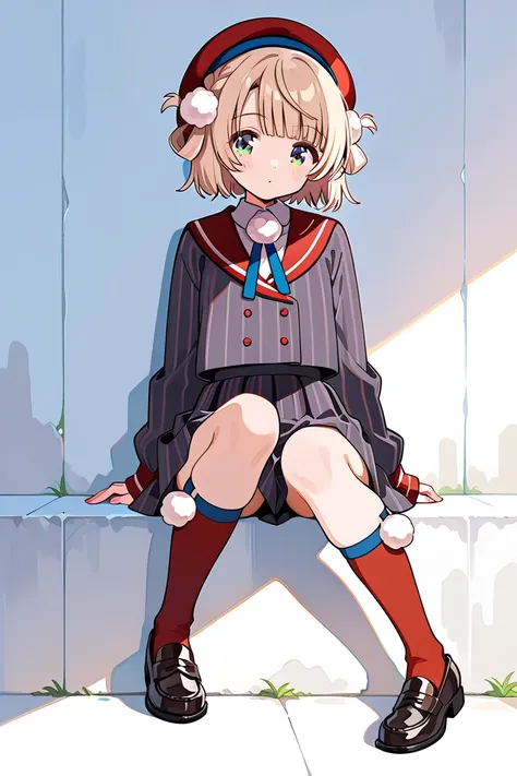 shigure ui \(vtuber\),green eyes, blonde hair, short hair,hair rings,pom pom hair ornament,beret,striped jacket,red sailor collar,pom pom (clothes),striped skirt,red socks,black loafers、 flat chest, 偉そう、キャンバス、絵を描く