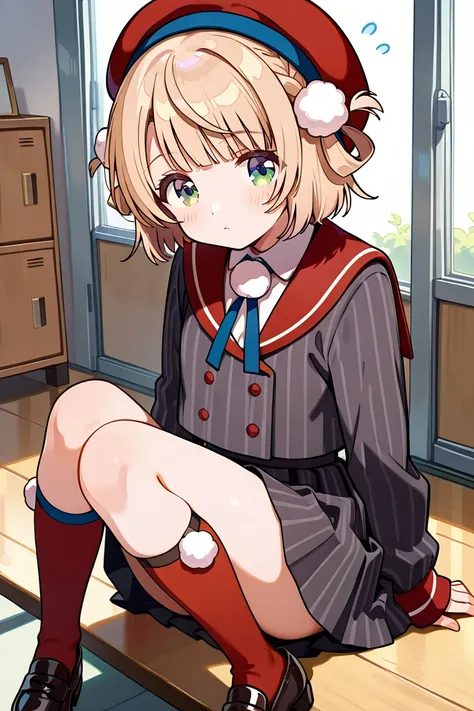 shigure ui \(vtuber\),green eyes, blonde hair, short hair,hair rings,pom pom hair ornament,beret,striped jacket,red sailor collar,pom pom (clothes),striped skirt,red socks,black loafers、 flat chest, 偉そう、キャンバス、絵を描く