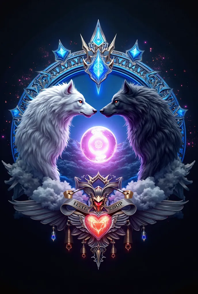 Futuristic logo in purple, silver and blue 4D of gaming equipment with two giant wolves one white and one black placed in a symmetrical position, surrounding a large black orb with luminous metallic border with bright energy effects; an imposing royal blue...