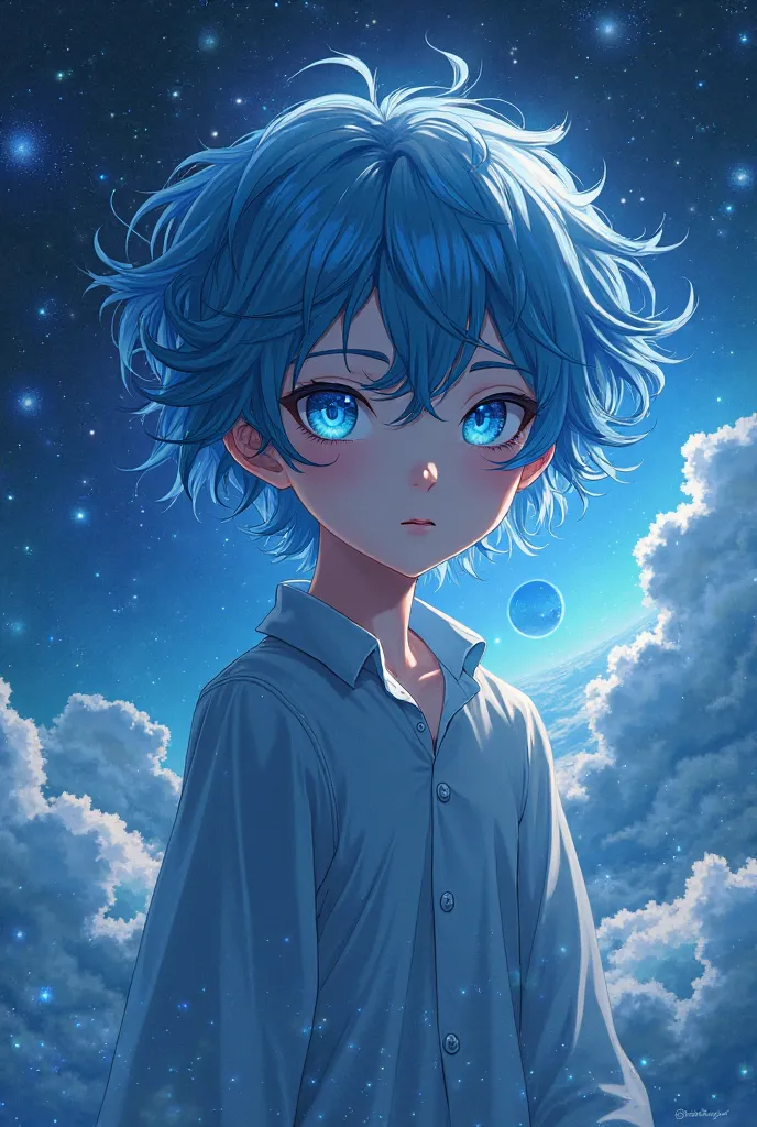  a boy in the sky， One eye is covered by hair， with blue hair like a starry sky，Behind the planet，Starry sky behind you as background，blue hair like a starry sky，blue eyes like a starry sky，Anime Character