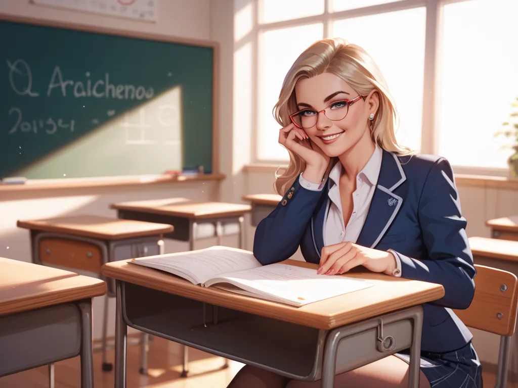 This sexy teacher stands in the classroom and flashes a little smile.