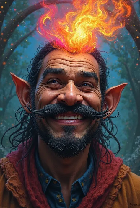 Impish, squinting, smiling Mexican curandero with a psychedelic, rainbow-colored, flaming mustache