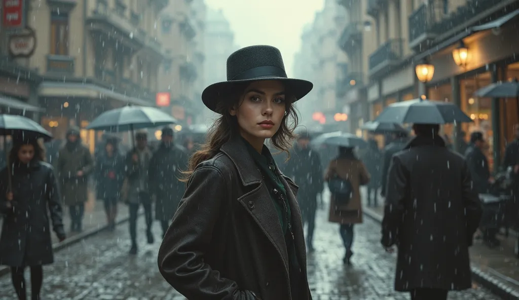 Young woman walking on a street at the beginning of the century on a rainy day,  Melancholic mood 