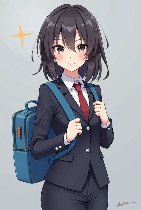 anime girl in a suit with a blue backpack, an anime drawing by Jin Homura, pixiv, sots art, anime moe artstyle, jk uniform, marin kitagawa fanart, azur lane style, magic school uniform, noire moody scene, anime style like fate/stay night, nagatoro, iwakura...