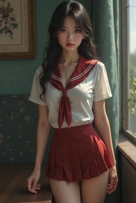 An Asian woman in provocative schoolgirl outfit
