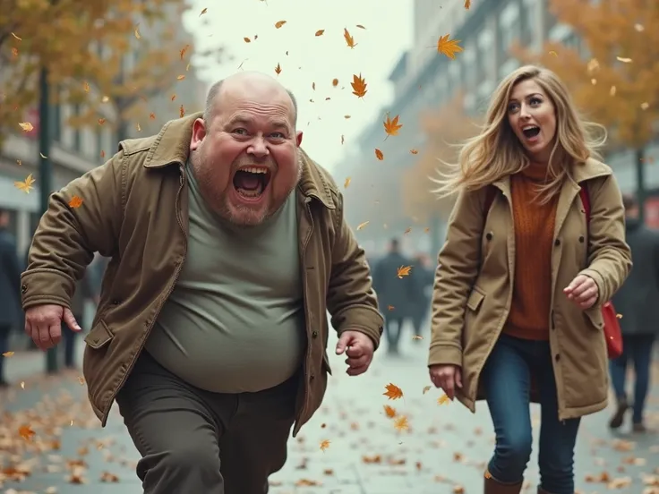 The wig blew away due to strong winds　A plump middle-aged man trying to grab a wig in a hurry、The woman walking next to me is surprised to see her bald head、