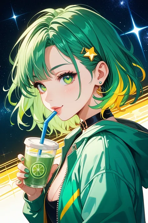 A highly stylized anime-style illustration of a young girl with vibrant limegreen and green hair, accentuated by bright yellow streaks. limegreen nail, Her lips are a limegreen. Her hair is adorned with colorful accessories, including flowers, hearts, and ...