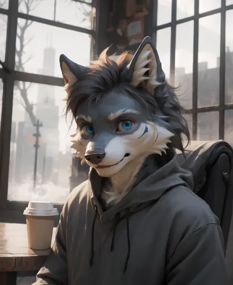 masterpiece, best quality, perfect anatomy,furry,kemono,
solo,male,anthro,wolf,baggy clothing, gentle, 
bright eyes, detailed eyes, looking at viewer, 
Sitting in a coffee shop, grey sky,  fog,