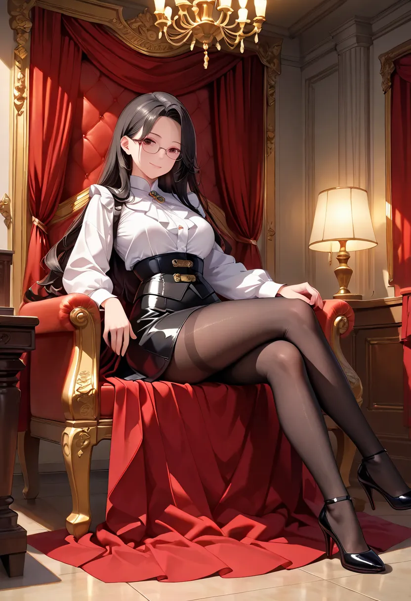 A confident and elegant woman with long, flowing black hair and glasses, sitting on a luxurious red and gold throne in a dimly lit, classical-style room. She wears a tight white blouse, black leather corset with gold buckles, a short black leather skirt, s...