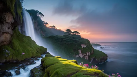 A mystical waterfall cascading down moss-covered cliffs, illuminated by a luminous sky of glowing peach, deep navy, and rich fuchsia, as mist rises from the crashing water.