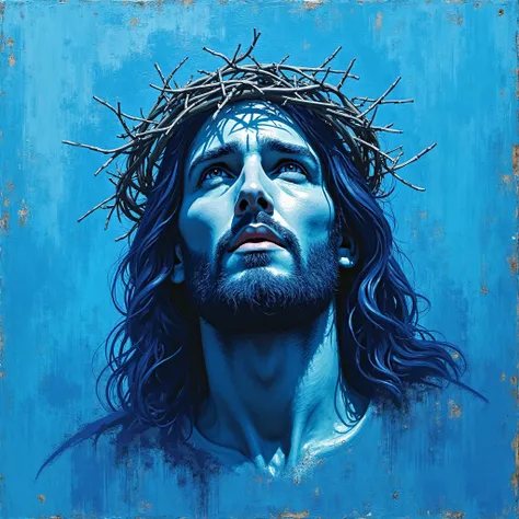 This image presents a hand-painted style portrait of Jesus wearing a crown of thorns. Blue brushstrokes dominate the entire image, and the background simulates notebook paper with horizontal lines.