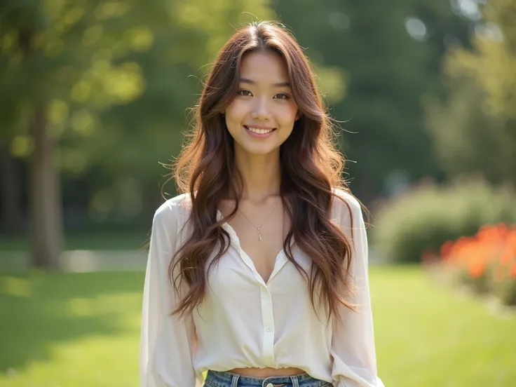 "Realistic portrait of a young woman with soft natural lighting, standing outdoors in a peaceful green park. She has long, wavy brown hair, a gentle smile, and light, natural makeup that accentuates her features. She's wearing a light, flowing white blouse...