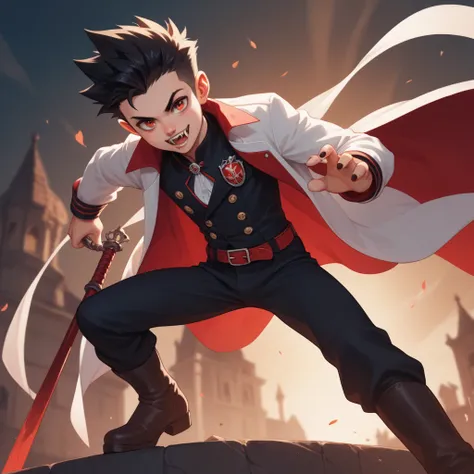 Dynamic angle. Dynamic pose. Youngster boy. Vampire boy. Spiky hair. Mid body view. Young brat.