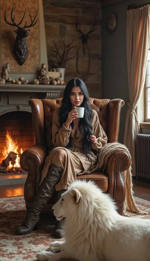 

PROMPT:

A beautiful woman, with long black hair, brown eyes, perfect makeup, dressed in a very pretty and feminine hunting outfit, sitting in a large rustic armchair drinking coffee, in a large room with a fireplace, the room is rustic with hunting orna...