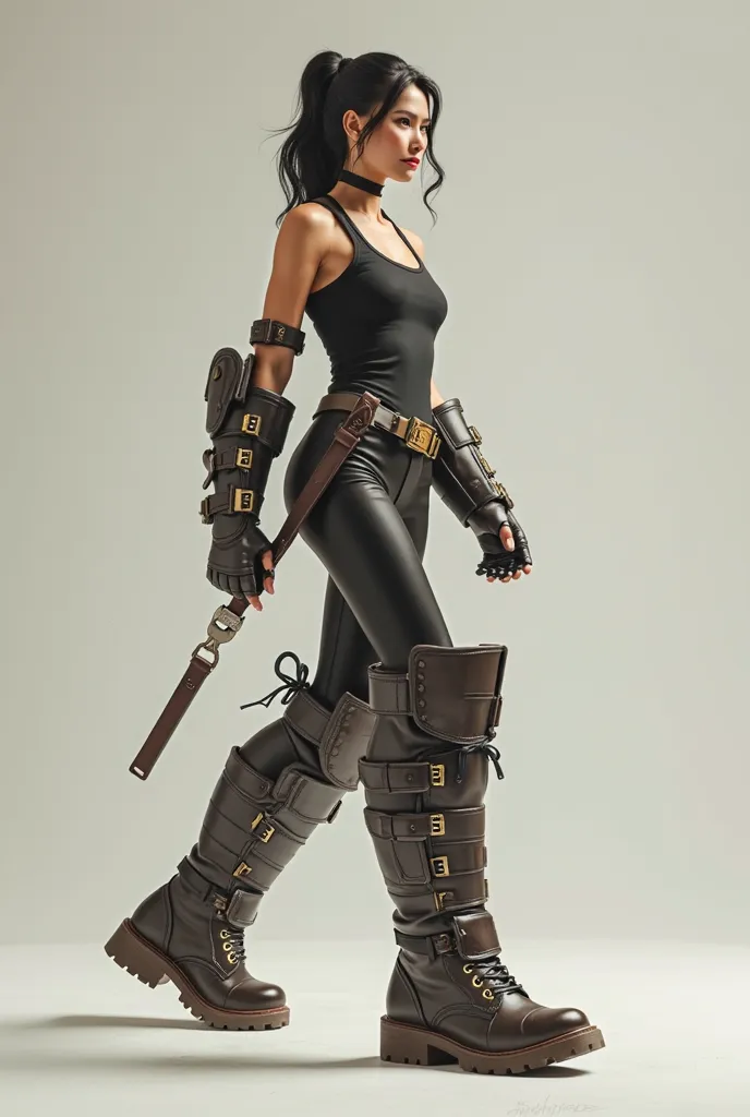 Make me a female human figure at an angle of 1/3 walking with A LOT of focus on the huge boots that this figure is wearing