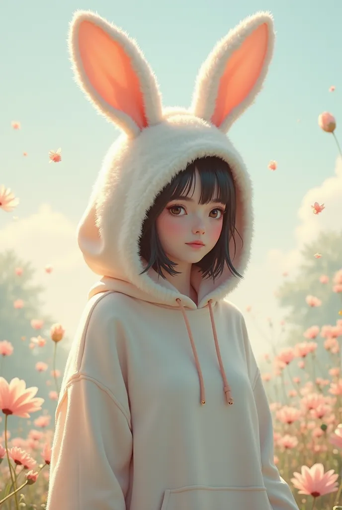 A women wearing a rabbit hoodie from her back