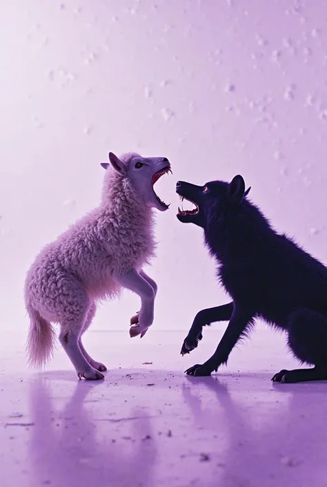 a poster with a white background and a sheep hanging upside down with its mouth tight, a black wolf coming out of its mouth in a voracious and violent manner ready to fight, going directly to the ground, profile photo, wide shot, 32k, 100mm camera, 320 col...