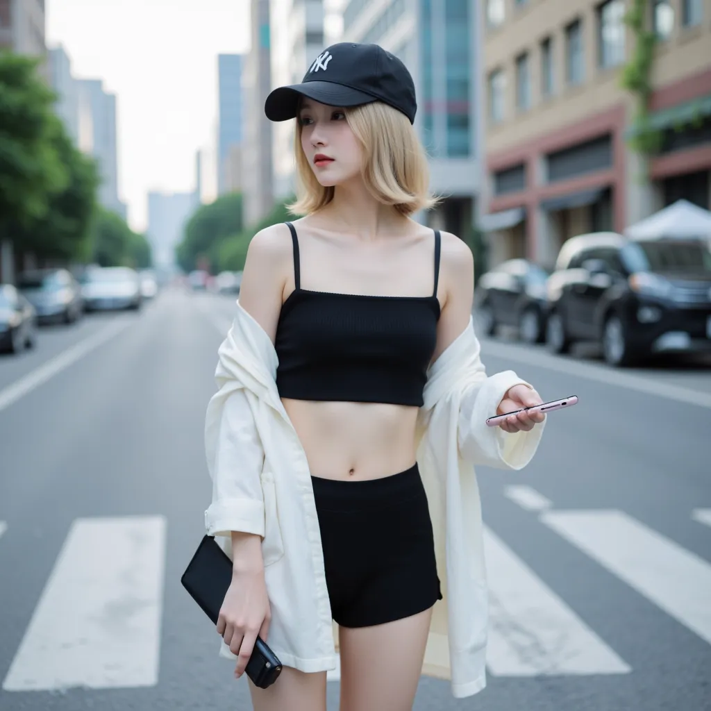 a beautiful girl dressed in black shorts and a black top, with urban casual style, wearing over the black top a white coat just resting on her arms, wearing a black cap, blonde, of short hair up to the chin, looking softly to the left,  with a slender and ...