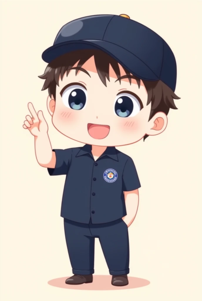 Cute Shibuya style young man, anime cartoon figure, white skin, wearing dark blue short-sleeved uniform, slacks and wearing a dark blue cap, short dark brown hair, clear face, big eyes, blushing face, clear eyes, clear eyes, and smiling broadly happily. Ha...