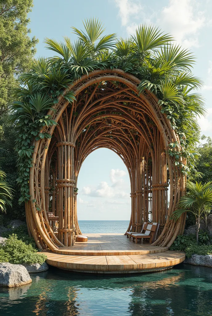 Make an image of a pavilion that is inspired from fish trap (talakob) and anahw (palm leaves)