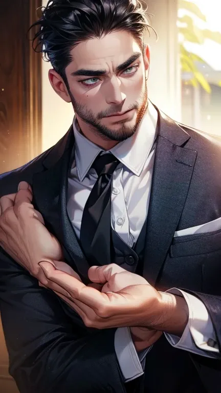 (             CEO      ,4K,8k,         highres,        masterpiece :1.2),         ultra-detailed   ,(Realistic,photoRealistic,photo-Realistic:1.37),36-year-old man,3 day beard,Beautiful anime,Portraits,strong,masculine,          with black hair  ,sharp jaw...