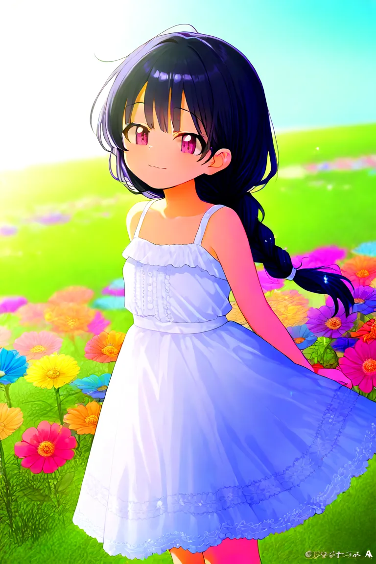  Smiling Girl、white dresses、 black hair、braid ponytail、Lower your hair from your shoulders、 stands in a field of flowers 、A happy figure、Bright Sunlight 