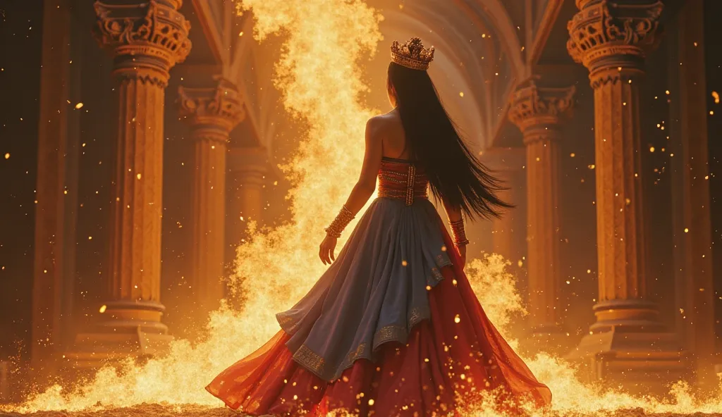 Cinematic Style     
wicked sorcerer's body disintegrates into ash as Princess (a Malaysian woman with long black hair is wearing a long tribal-looking dress that is blue on top, has a long-sleeved dress, and a red dress on the bottom) stands victorious. T...