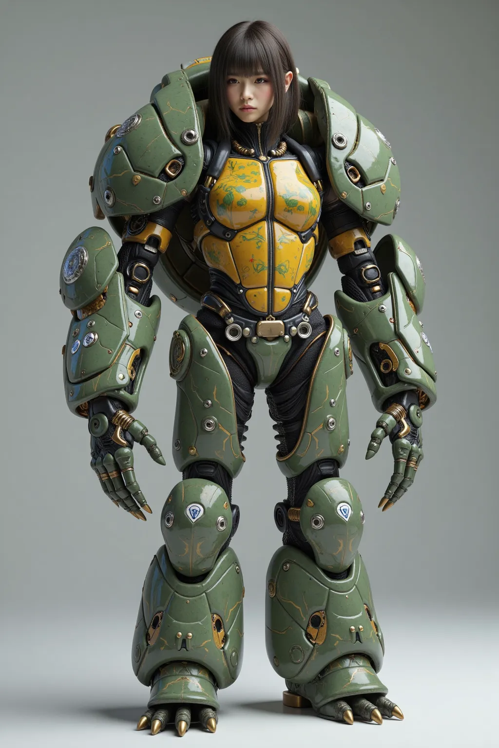 Masterpiece, top quality, 8k, Japanese woman in heavy armed turtle-like animal bio suit, A machine is implanted in the living body, inverted jointed leg, clear color and vivid textures, ultimate realistic beautiful female face, bio-mechanical, ultimate int...