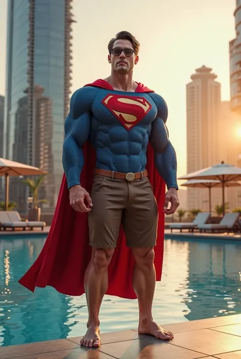 "A highly detailed, ultra-realistic 3D render of a muscular superhero resembling Superman, standing barefoot on the edge of a luxurious infinity pool in a futuristic cityscape. He wears a blue textured bodysuit with a red ‘S’ emblem on his chest, a flowing...