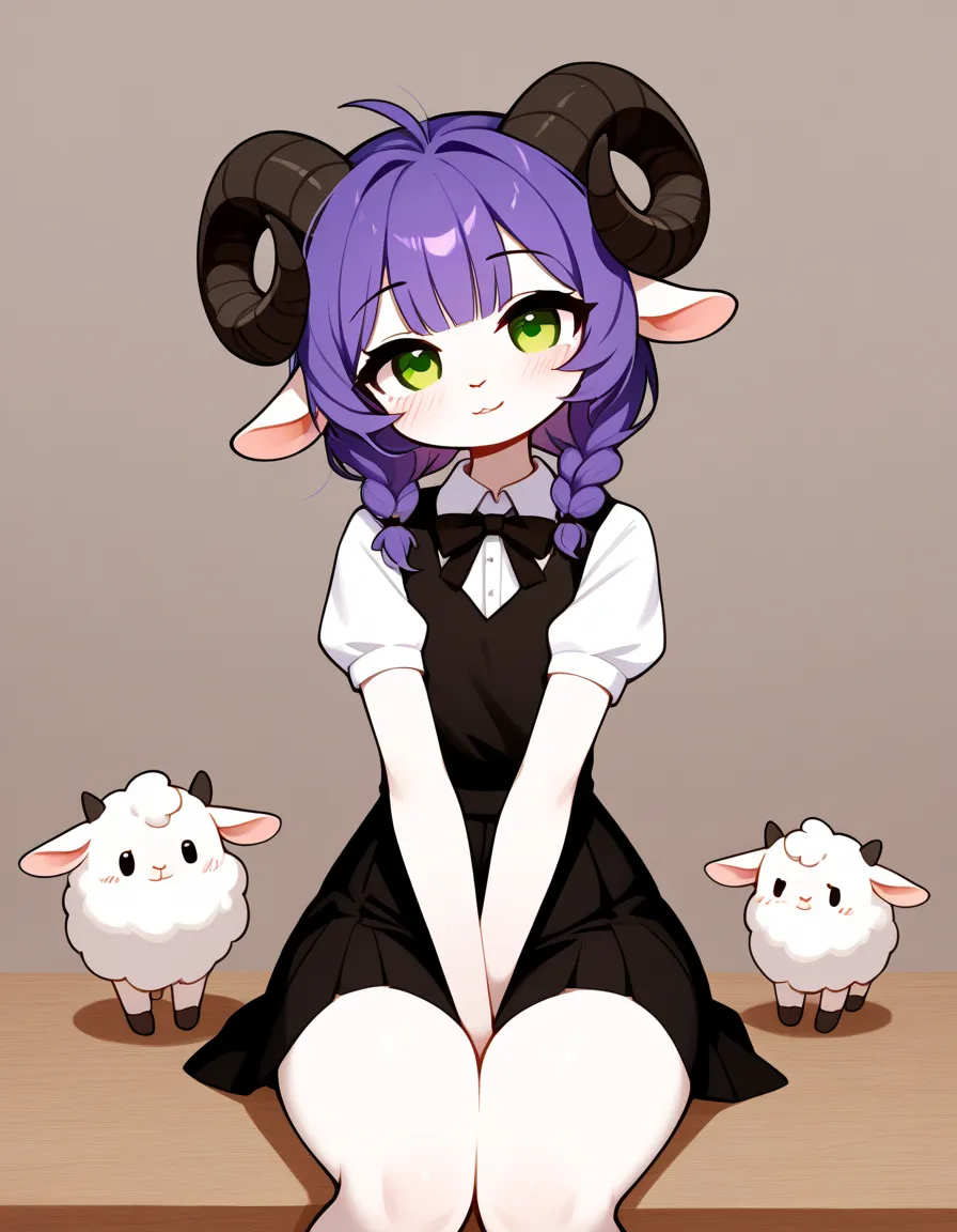 check_9,check_8_ upwards,check_7_ upwards,  adult ram, best quality , flat chest, lamb ears  , sheep horns , very detailed illustration , fair skin, ( Anthropomorphic guy:1,7), fair skin , black vest , black skirt, white shirt, purple hair, green eyes, (19...