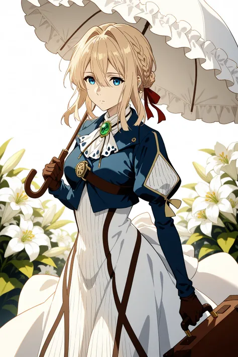 1girl, solo, violet evergarden, violet evergarden \(series\), ascot, blonde hair, red ribbon, french braid, sidelocks, hair between eyes, hair intakes, BREAK, blue eyes, blue jacket, breasts, juliet sleeves, puffy sleeves, long sleeves, white dress, BREAK,...