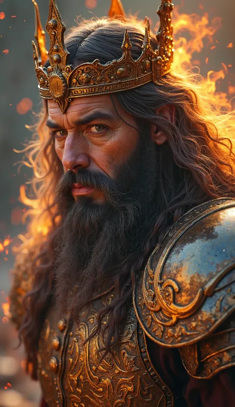 A hyper-realistic isometric view of king, realistic skin, long hair and Beard, majestic and powerful, with cristaline eyes burning with flames, a golden crown, and Mirroring gleaming armor reflecting the surroundings.  Posted on Snapchat.