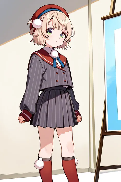 shigure ui \(Vtuber\),green eyes, blonde hair, short hair,hair rings,pom pom hair ornament,beret ,striped jacket,red sailor collar,pom pom (clothes),striped skirt,red socks,black loafers、 flat chest, Museum、Admire the picture