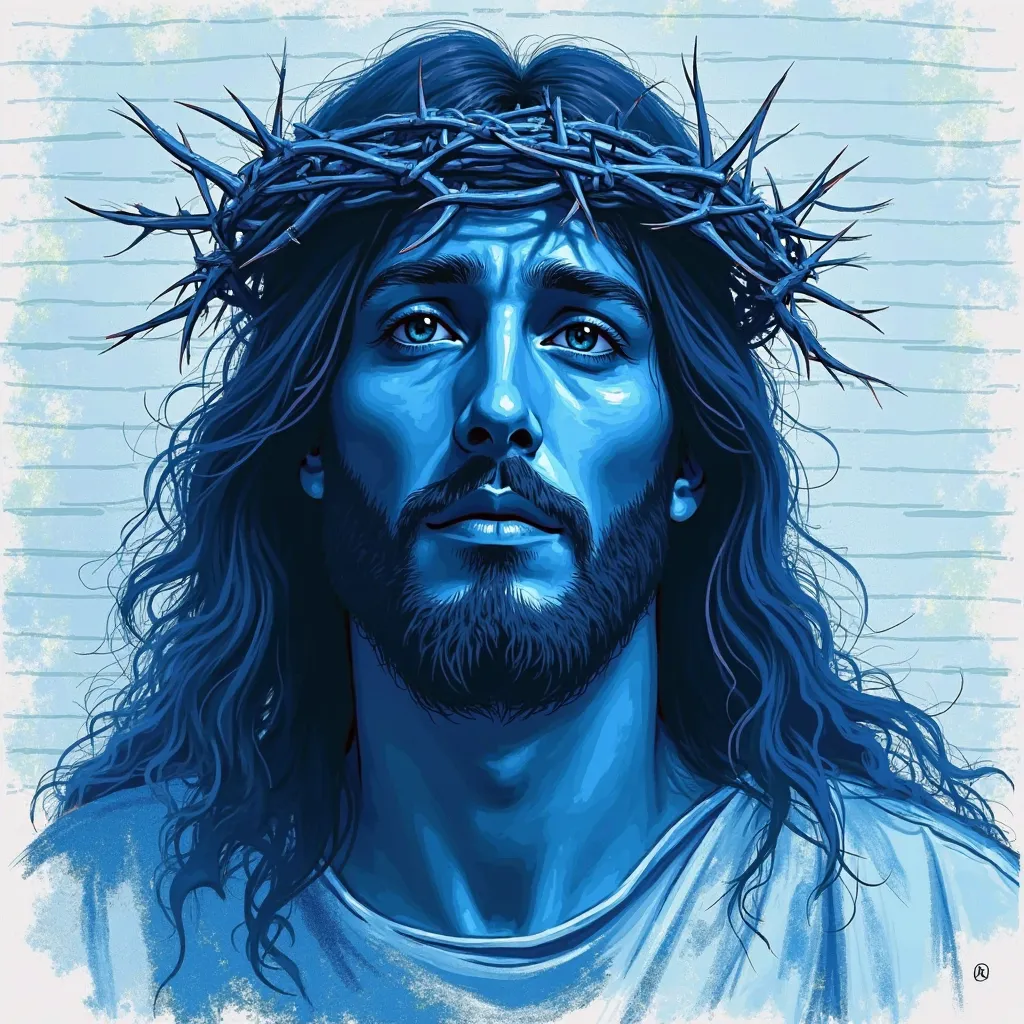 This image presents a blue sketch style portrait of Jesus wearing a crown of thorns. Blue brushstrokes dominate the entire image, and the background simulates notebook paper with horizontal lines.