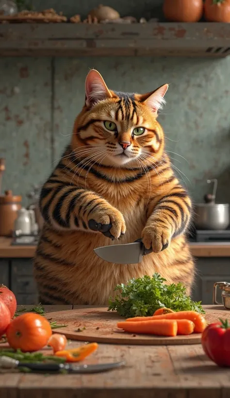 High Resolution, Best Quality, Detail, High Details, HD, Quality, High Quality, Super Detailed, fat striped cat standing like a human, was slicing carrot vegetables on the chef's table