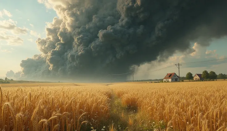 The camera shows how a black demonic cloud finds a clear sky over a field of wheat. Cinematic style, fantasy