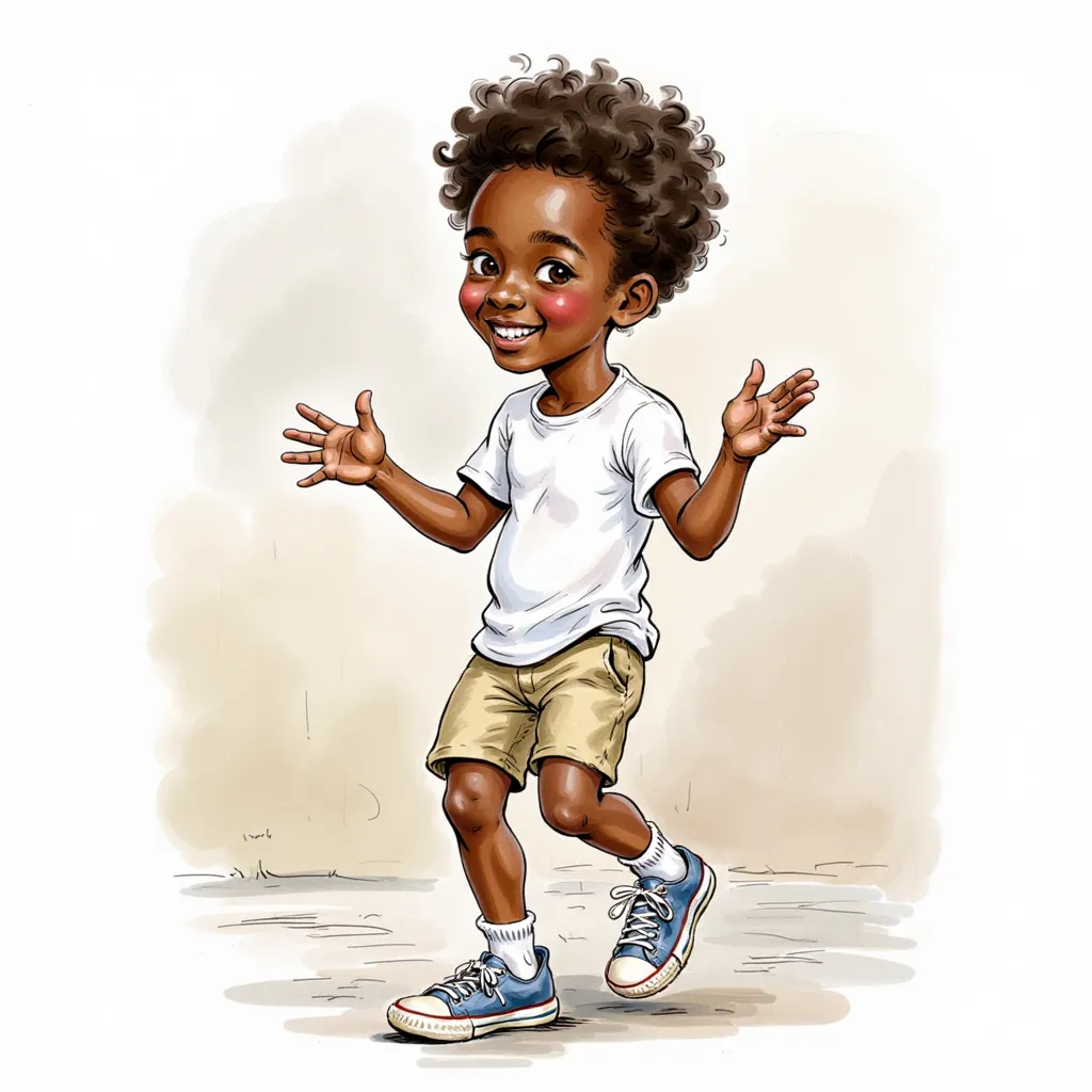 A young Nigerian boy, around 8 to , is seen dancing in a casual and energetic manner. He is standing in the center of the frame, facing the camera directly, with a confident and joyful expression. His outfit consists of a simple T-shirt and shorts, along w...