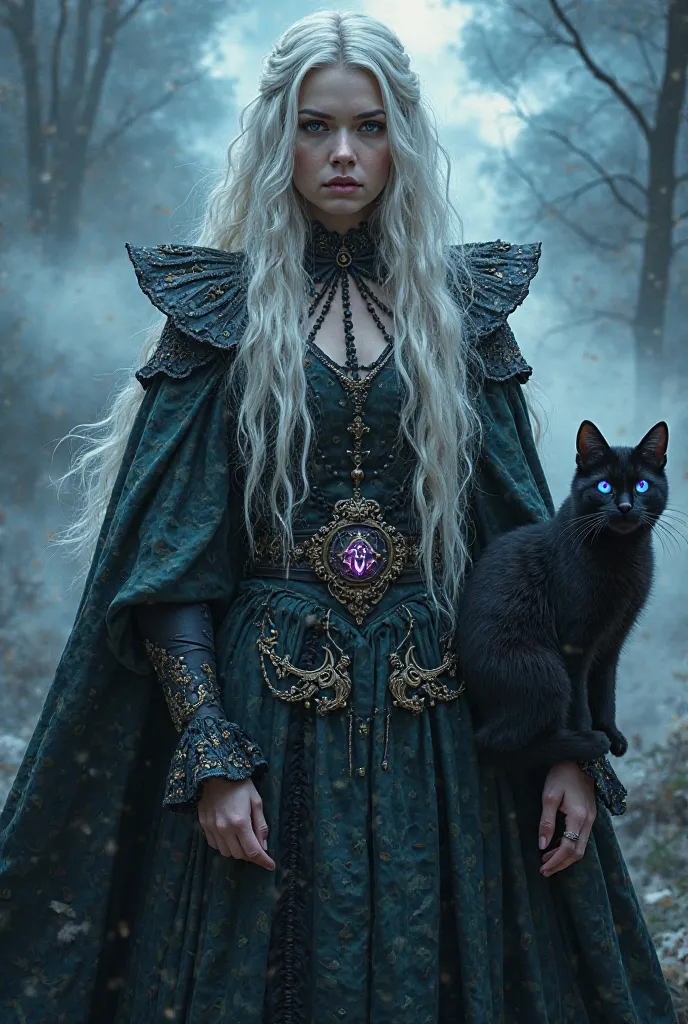 Create a movie poster-style image, of a age witch,  with white hair,  blue eyes, medieval witch outfit, with a black cat with violet eyes on the side