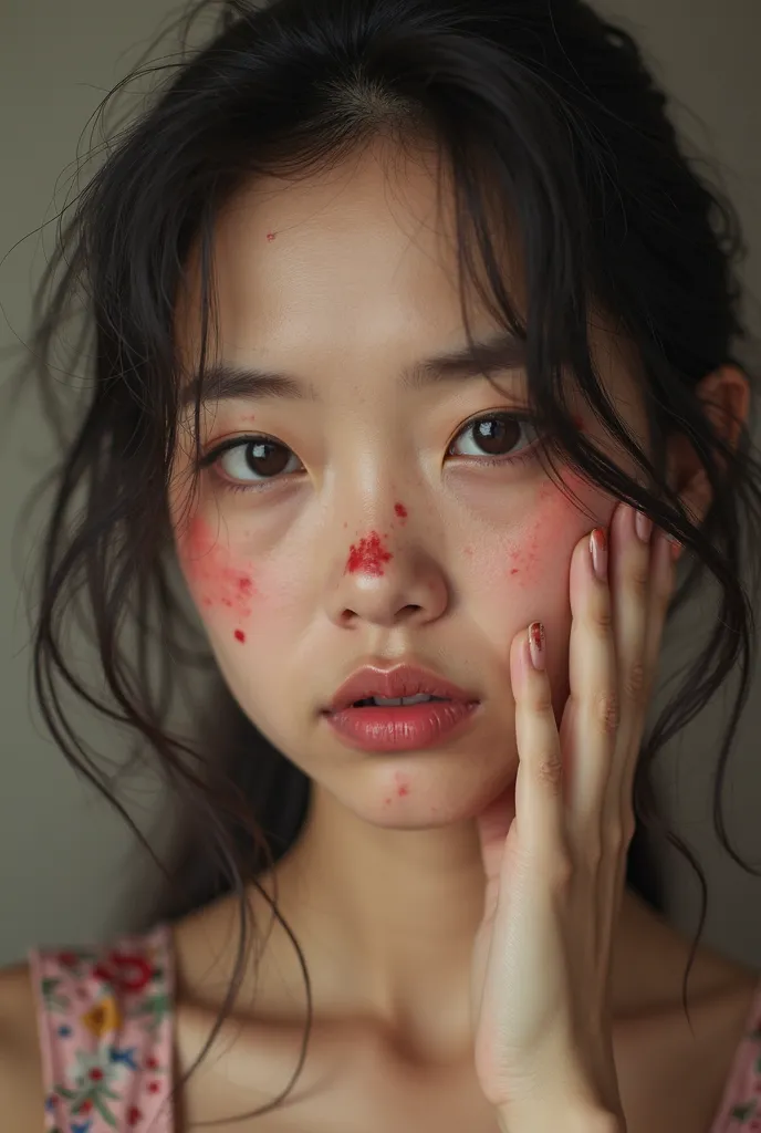 ''very unattractive asian female'', very most super realistic style, her hand is holding a makeup brush, her face sad, disappointed, very lacks confidence and self-esteem, she's having a awful, messy makeup on her face, she's looking in the makeup table mi...