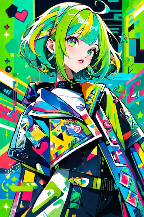 A highly stylized anime-style illustration of a young girl with vibrant limegreen and green hair, accentuated by bright yellow streaks. limegreen nail, Her lips are a limegreen. Her hair is adorned with colorful accessories, including flowers, hearts, and ...