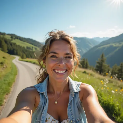 Random person went for a bike ride on an electric bike. on the way he took a photo of himself during a rest. Selfie with one hand! . Beautiful but slightly chubby plump woman. One-handed selfie photo.