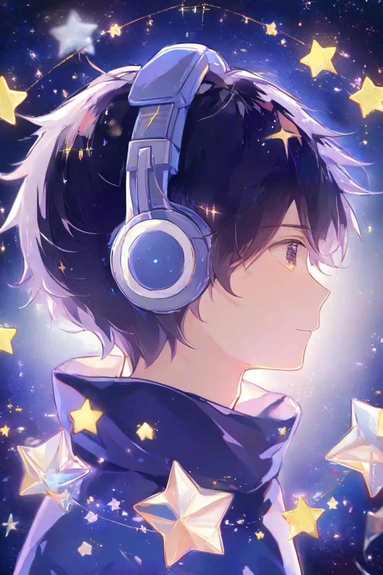   1 boy 、 I'm wearing headphones 、  dark hair、 Star、   Emoji、 From the side、 breath white、it&#39;dusk、 Dark Night Sky 、The little Star 、纯色海军蓝连帽衫、  masterpiece、