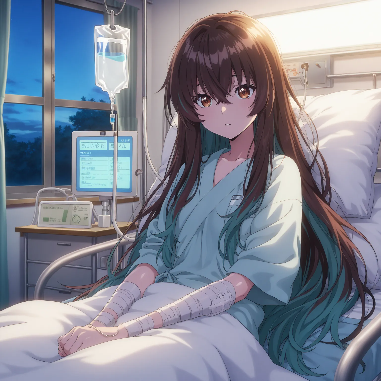 masterpiece, best quality, amazing quality,  very long brown hair with teal highlights, thin, brown eyes, hospital gown, bandages, girl laying in bed, iv bags, iv station, oversized hospital room, window, curtains, dusk, blankets, pillows, , ambient studio...