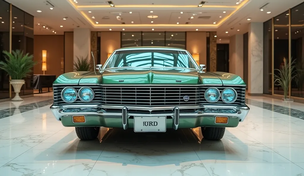 A [CAR_MODEL :- 1970 ford country squire ] parked in a luxury showroom, [DOORS: all four doors close with ZERO visible interior parts (no seats, dashboard, or panels)]. Shot from [ANGLE: strict only full front view ] to emphasize [FOCUS: exterior design + ...