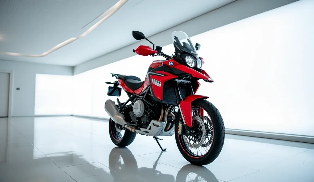  A captivating and futuristic image on the clothes in the bike of the (BMW F 450 GS) is displayed in a luxurious white showroom. The car is painted in a striking vibrant (red)hue, emphasizing its sleek, aerodynamic design with bold accents that highlight t...