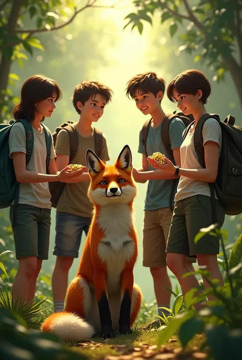 5 college students with a tied fox in the jungle with gold in the hand of the students 