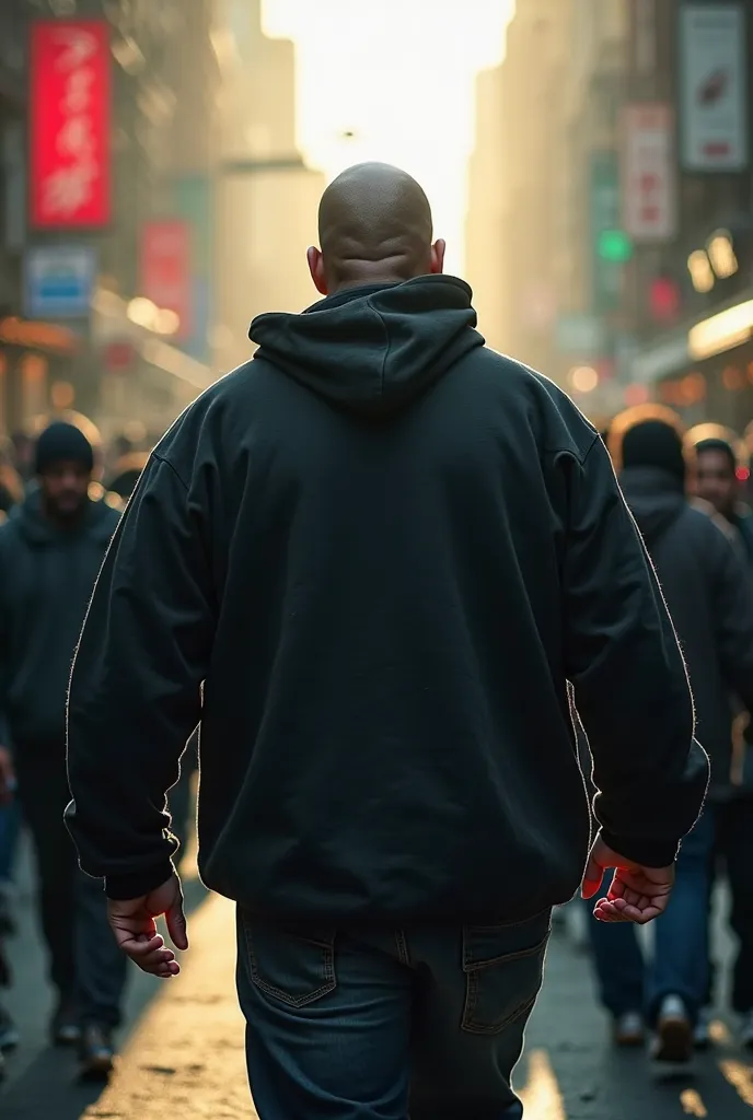 a brutal, thick-set, well-groomed man, wearing a black hoodie for 45 years, walks with his back through the crowd, highlighted by a backlight