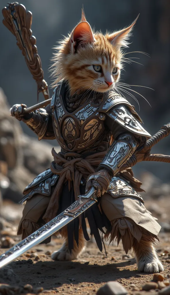 A disciplined kitten as a spearmaster, wearing lightweight armor with tribal motifs, wielding a long spear with precision, sharp weapon details, Masterpiece, UHD, Super Detailed, Award Winning, 