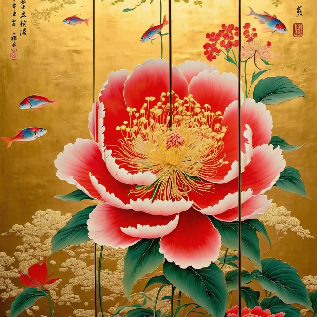 folding screen depicting flowers,Japanese painting,Gold mud, watercolor,glitter powder,Shellfish  ,folding screen made with traditional techniques,Gold mudに花の絵,Makie style,The folding screen installed in a temple in Kyoto is very  beautiful.、painting style...