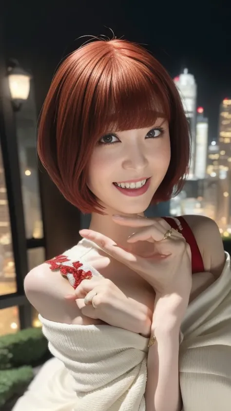 (( Big Breasts))、   upper body picture、  Please take a close-up photo of your face  、   white skin、    amazing light、   and the beautiful lights are arranged in an orderly manner、((  red hair  :1.2))、((  short hair:1.4))、((   straight hair  ))、 blunt bang、...